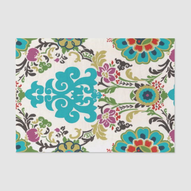 Papel De Seda Patrones florales Damask Plum Turquoise (Anverso)