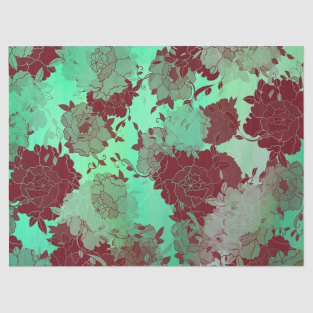 Papel De Seda Patrones florales japoneses rojos. (Anverso)