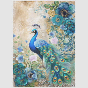 Papel De Seda Pavo & Elegantes Flores Azules Teñidas con Distres