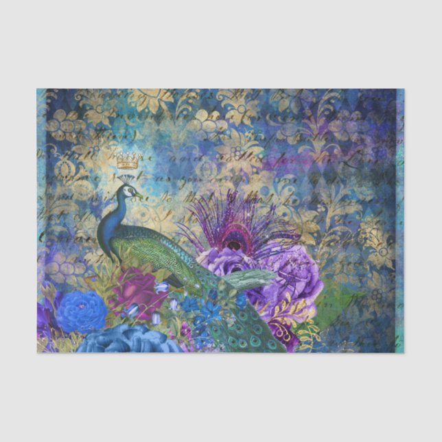 Papel De Seda Pavo Pavos Decoupage Flores Azules y Moradas (Anverso)