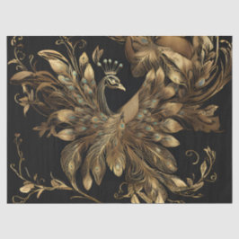 Papel De Seda Pavo Real Dorado Con Plumas Azules Sobre Negro