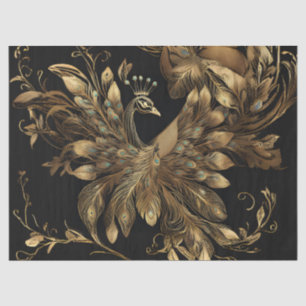 Papel De Seda Pavo Real Dorado Con Plumas Azules Sobre Negro