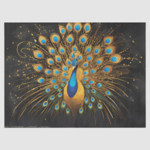 Papel De Seda Pavo Real Dorado Con Plumas Azules Sobre Negro
