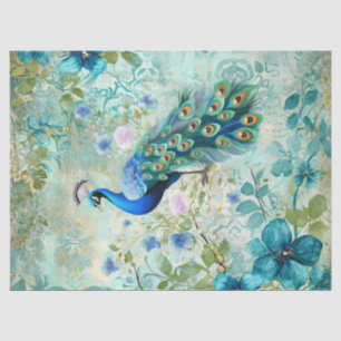 Papel De Seda Pavo Real Elegante Floral Azul Desgastado