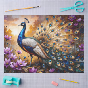 Papel De Seda Pavo real enjoyado en paisaje floral