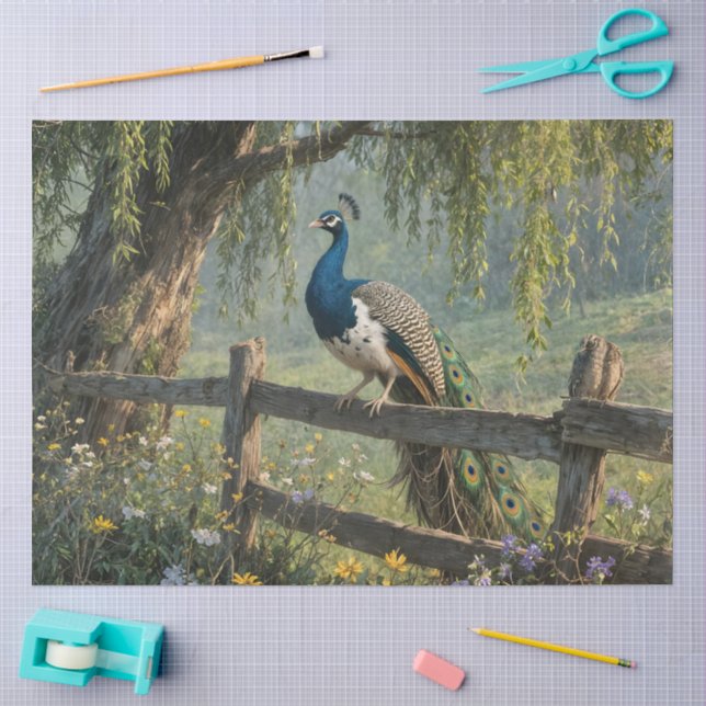 Papel De Seda Pavo real piebald en una cerca de riel partido (Artesanía)