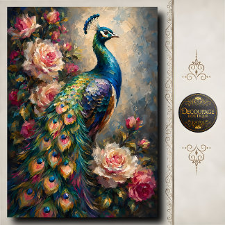 Papel De Seda Pavo real y rosas rosadas decoupage