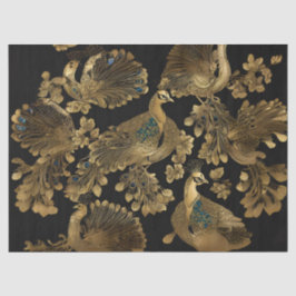 Papel De Seda Pavos Reales Dorados sobre Negro