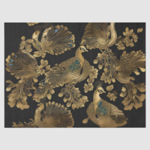 Papel De Seda Pavos Reales Dorados sobre Negro