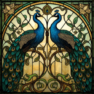 Papel De Seda Pavos Reales Gemelos Reflejados en Vidrio Pintado
