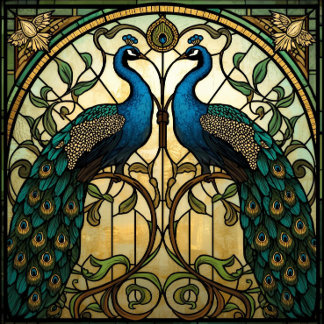 Papel De Seda Pavos Reales Gemelos Reflejados en Vidrio Pintado 