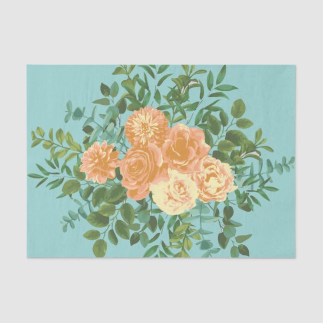 Papel De Seda Peach & Aqua Peony y Rosa Boda Floral (Anverso)