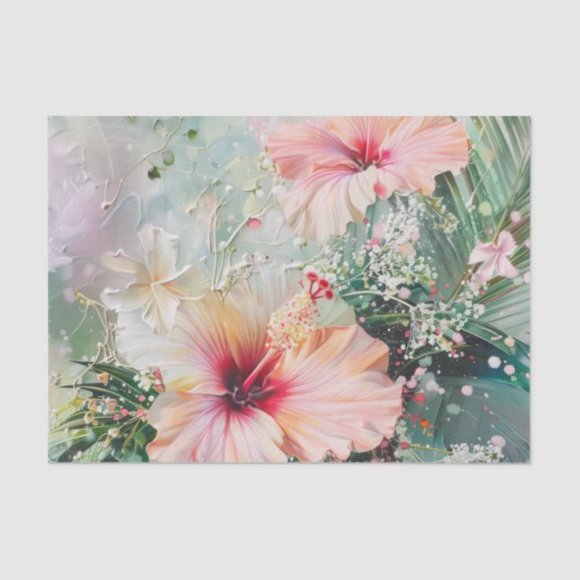 Papel De Seda Peach Tropical Pink Hibiscus Floral Cumpleaños (Anverso)