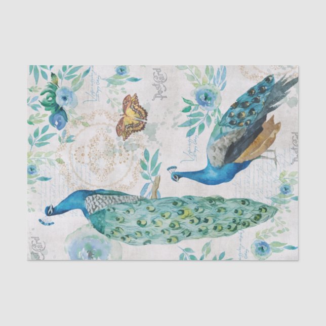 Papel De Seda Peacock acuático, mariposas y flores azules (Anverso)