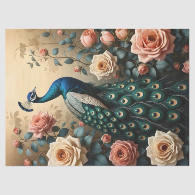 Papel De Seda Peacock con deformación de rosas rosas rosas y ros (Anverso)