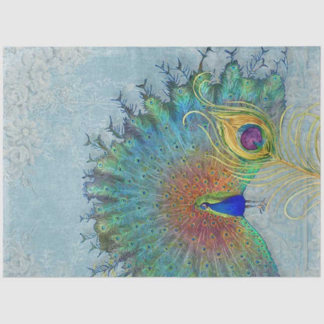 Papel De Seda Peacock Decoupage azul verde azulada pluma de oro  (Anverso)