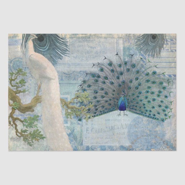 Papel De Seda Peacock Feathers Blue and White Crafting Decoupage (Anverso)