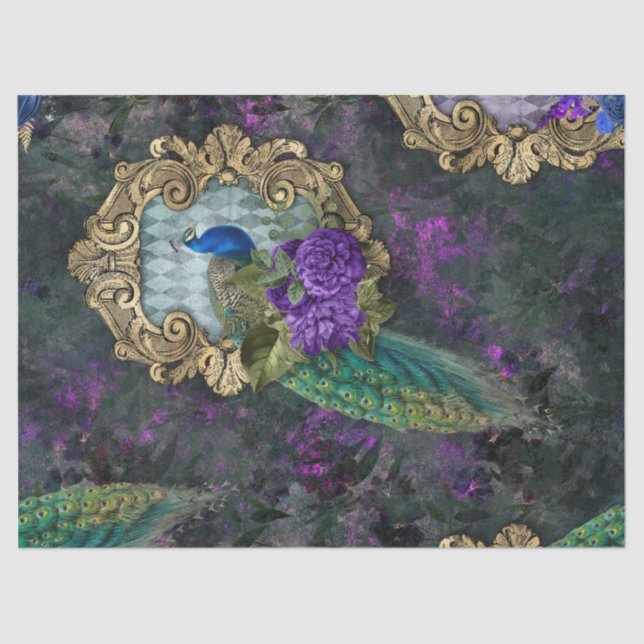 Papel De Seda Peacock, Flores y Desconexión Gold Frame (Anverso)