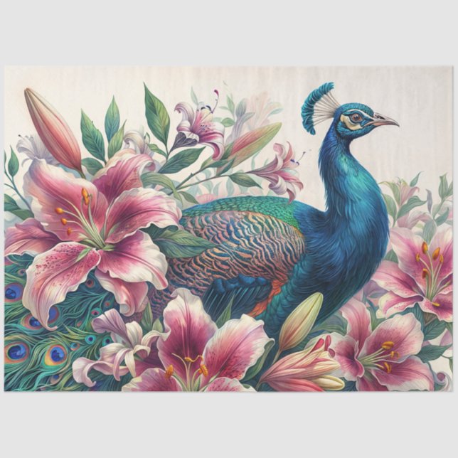 Papel De Seda Peacock in Bloom – Watercolor Lilies & Plumage (Anverso)