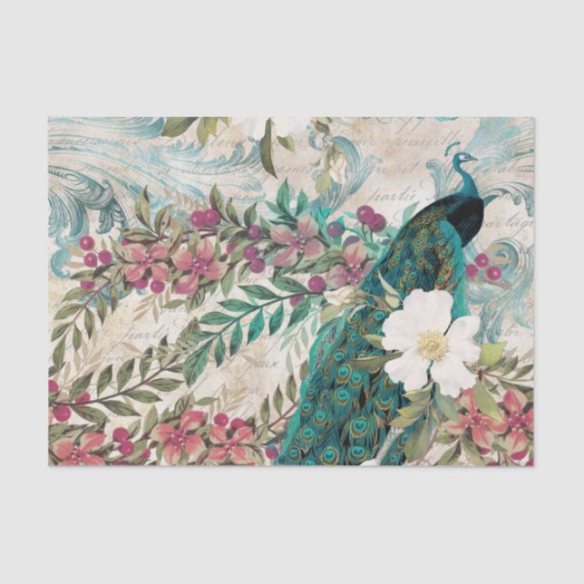 Papel De Seda Peacock Peacocks Decoupage Flores rosas Elegantes (Anverso)
