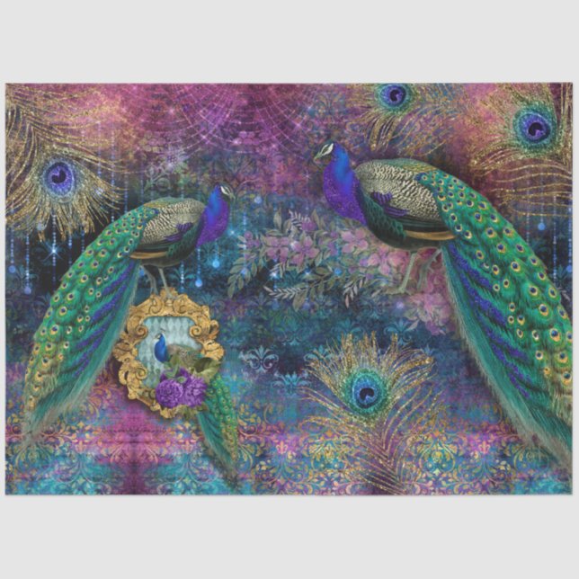 Papel De Seda Peacocks Elegantes Feathers Decoupage Purpurina Ro (Anverso)