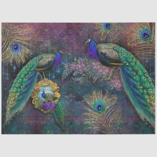Papel De Seda Peacocks Elegantes Feathers Purpurina Dorado Desnu (Anverso)