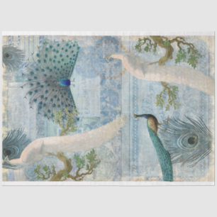 Papel De Seda Peacocks n Fethers White Blue Craft Decoupage
