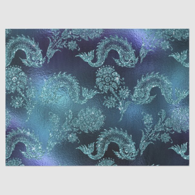 Papel De Seda Peces y flores Purpurinoso en azul (Anverso)