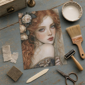 Papel De Seda Pelirroja elegante y rosas marfil decoupage