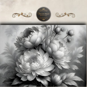 Papel De Seda Peonía Floral Decoupage Blanco Negro