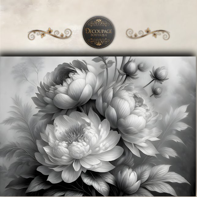 Papel De Seda Peonía Floral Decoupage Blanco Negro (Black White Peony Floral Decoupage Tissue Paper)