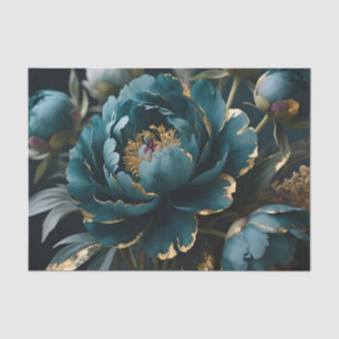 Papel De Seda Peonía Verde Teal Oro Luxe Floración Botánica
