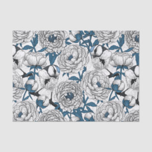 Papel De Seda peonías blancas y aves de teta azul