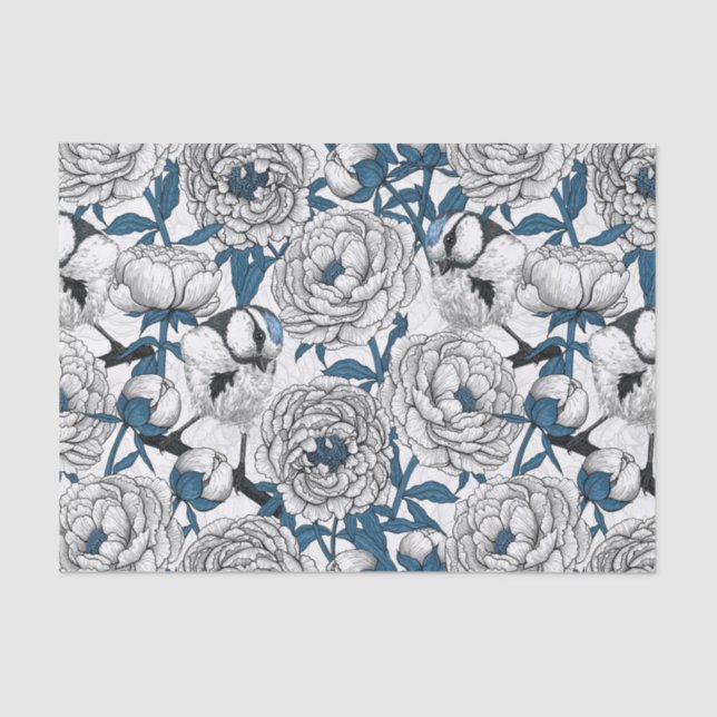 Papel De Seda peonías blancas y aves de teta azul (Anverso)