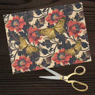 Papel De Seda Peonías Rojas Mariposas Amarillas Estilo Art Nouve