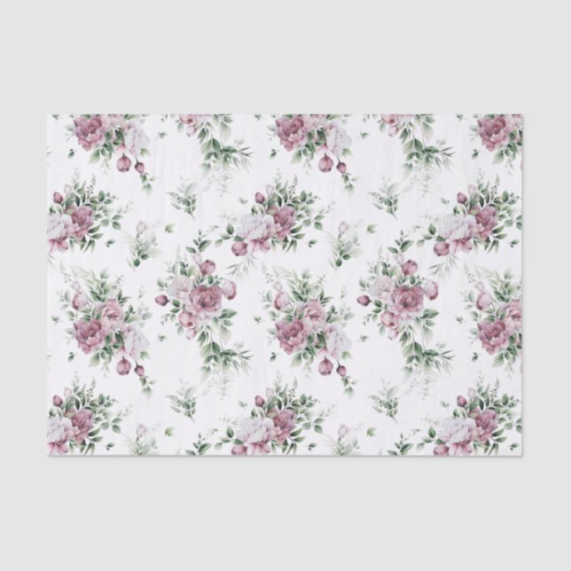 Papel De Seda Peonías rosadas acuarelas y vegetación (Anverso)