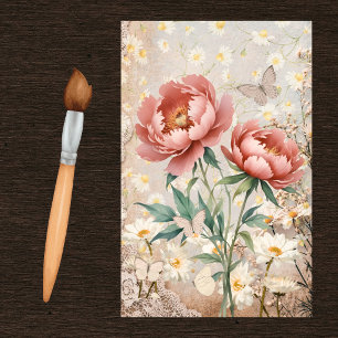 Papel De Seda Peonías rosadas vintage Margaritas blancas Encaje