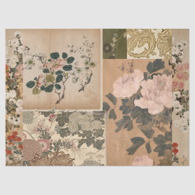 Papel De Seda Peonías rosas y Rosas arte antiguo (Anverso)