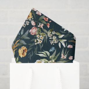 Papel De Seda Peonías y flores silvestres en acuarela sobre azul