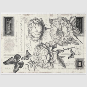 Papel De Seda peonías y mariposa negras y blancas de vintage