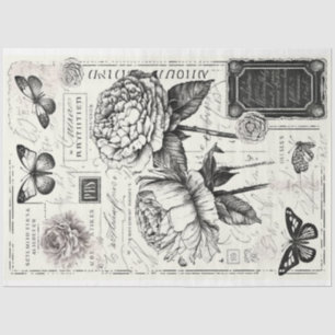 Papel De Seda peonías y mariposa negras y blancas de vintage