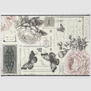 Papel De Seda peonías y mariposa negras y blancas de vintage