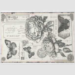 Papel De Seda peonías y mariposa negras y blancas de vintage