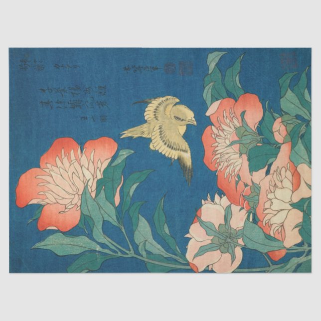 Papel De Seda Peonies y Canarias por Katsushika Hokusai (Anverso)
