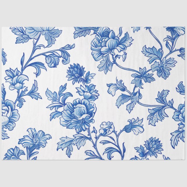 Papel De Seda Peony Rosa de Chinoiserie azul y blanco (Anverso)