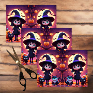 Papel De Seda Pequeña bruja con gatos y calabazas,