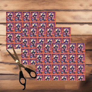 Papel De Seda Pequeña bruja linda con gatos y calabazas, Hallowe