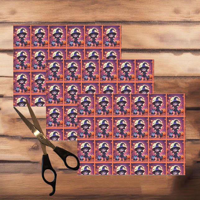 Papel De Seda Pequeña bruja linda con gatos y calabazas, Hallowe (Subido por el creador)