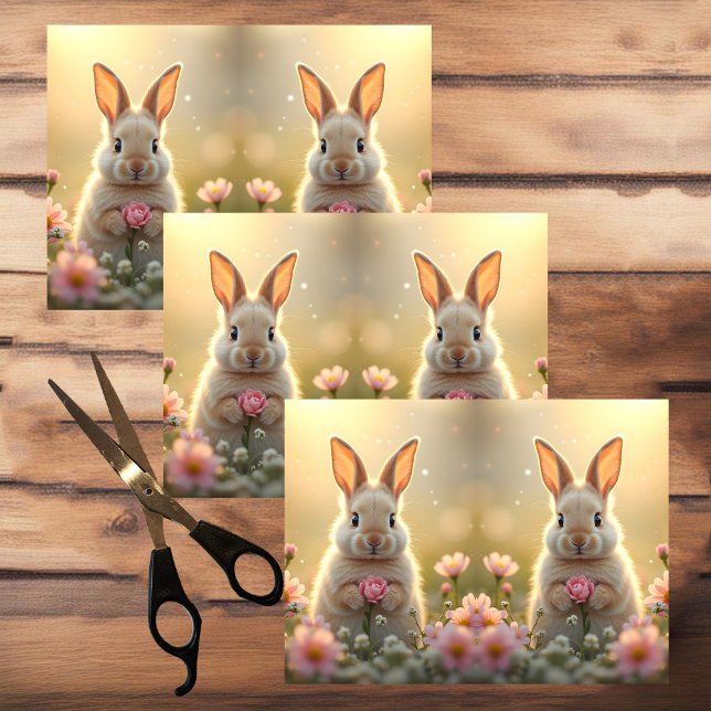 Papel De Seda Pequeño conejito lindo con flores rosas, Pascua (Subido por el creador)