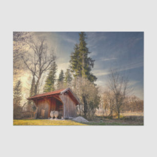 Papel De Seda Pequeño Granero Rojo Con Cubetas De Cerámica